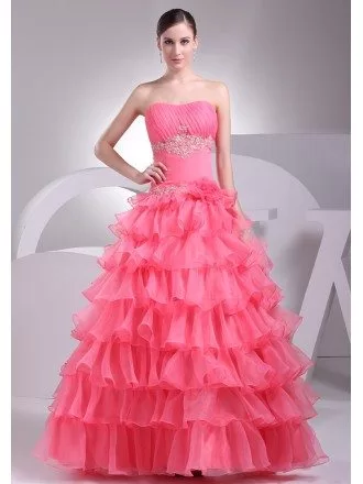 Watermelon Colored Cascading Ruffles Wedding Dress with Bling