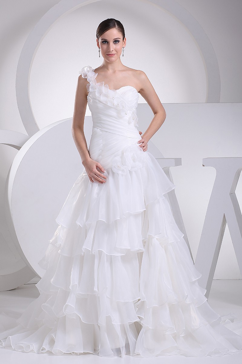 Organza Cascading Ruffles One Floral Shoulder Wedding Dress #OPH1075 ...