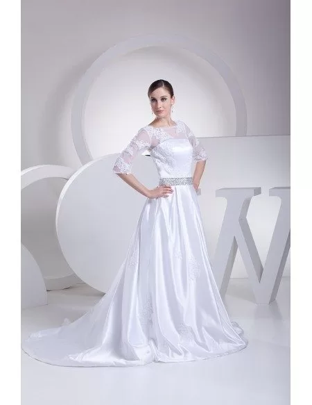 Modest Lace 3/4 Sleeves Beaded Satin Wedding Dress Custom