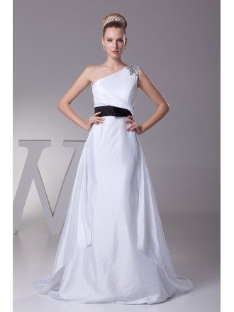 Simple One Shoulder Taffeta White with Blue Sash Wedding Dress