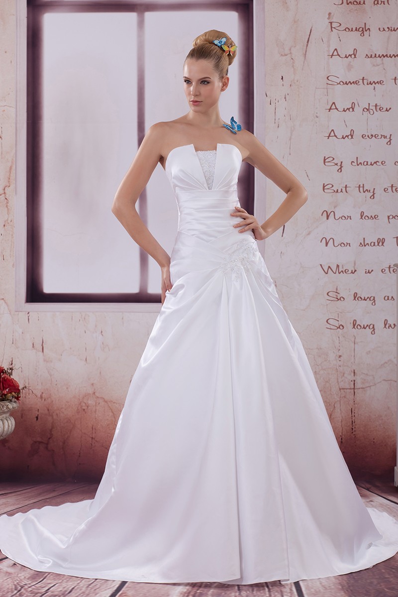 Aline Pleated Satin Strapless Wedding Dress with Train #OPH1100 $242.9 ...