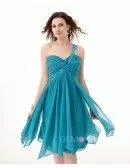 Blue Short Beaded One Shoulder Sweetheart Chiffon Dress with Ruffles