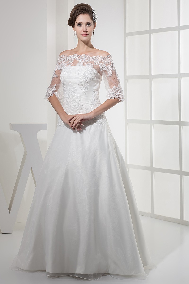 Lace Half Sleeves Long Tulle Wedding Dress #OPH1120 $260.9 - GemGrace.com