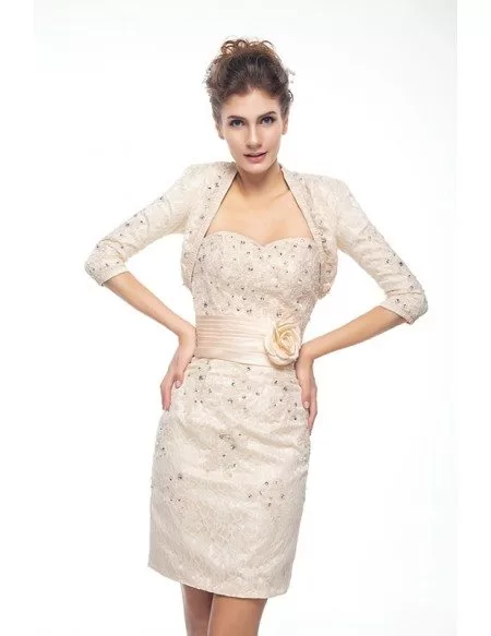 Short Sweetheart Beaded Lace Bridesmaid Dress with Sash Flower