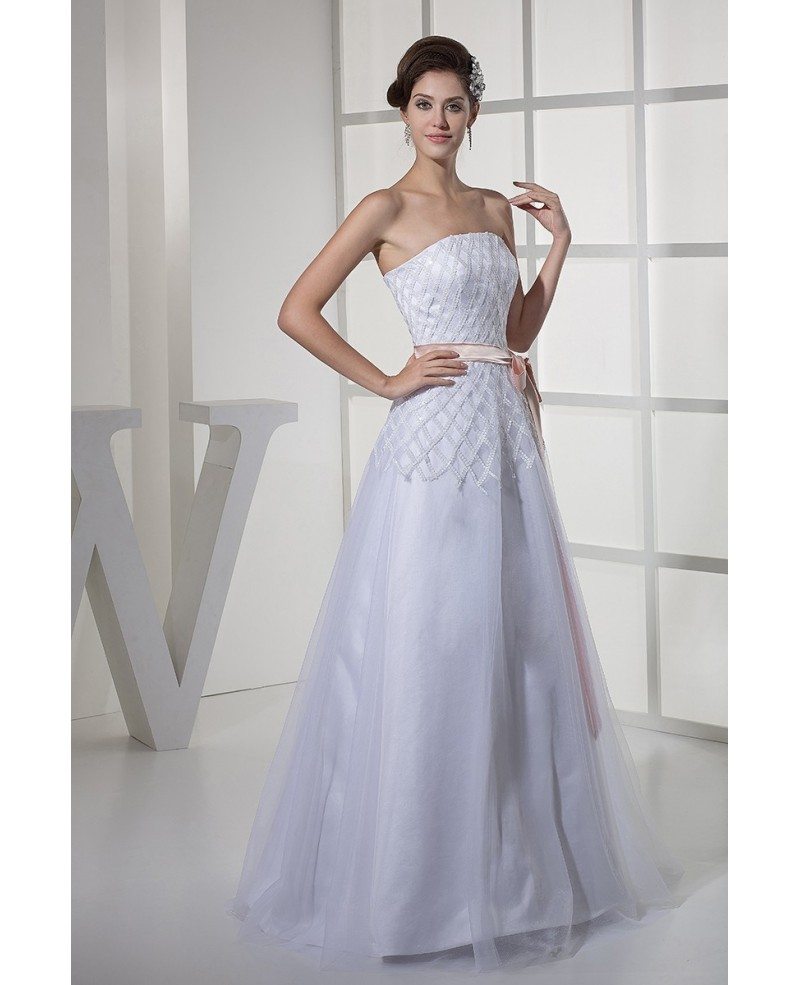 White with Pink Sash Cross Pattern Sequins Aline Wedding Dress #OPH1123