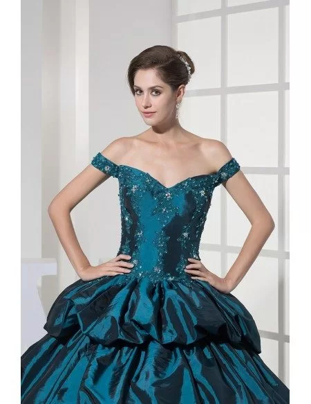 Off the Shoulder Ink Blue Lace Taffeta Ballgown Color Wedding Dress