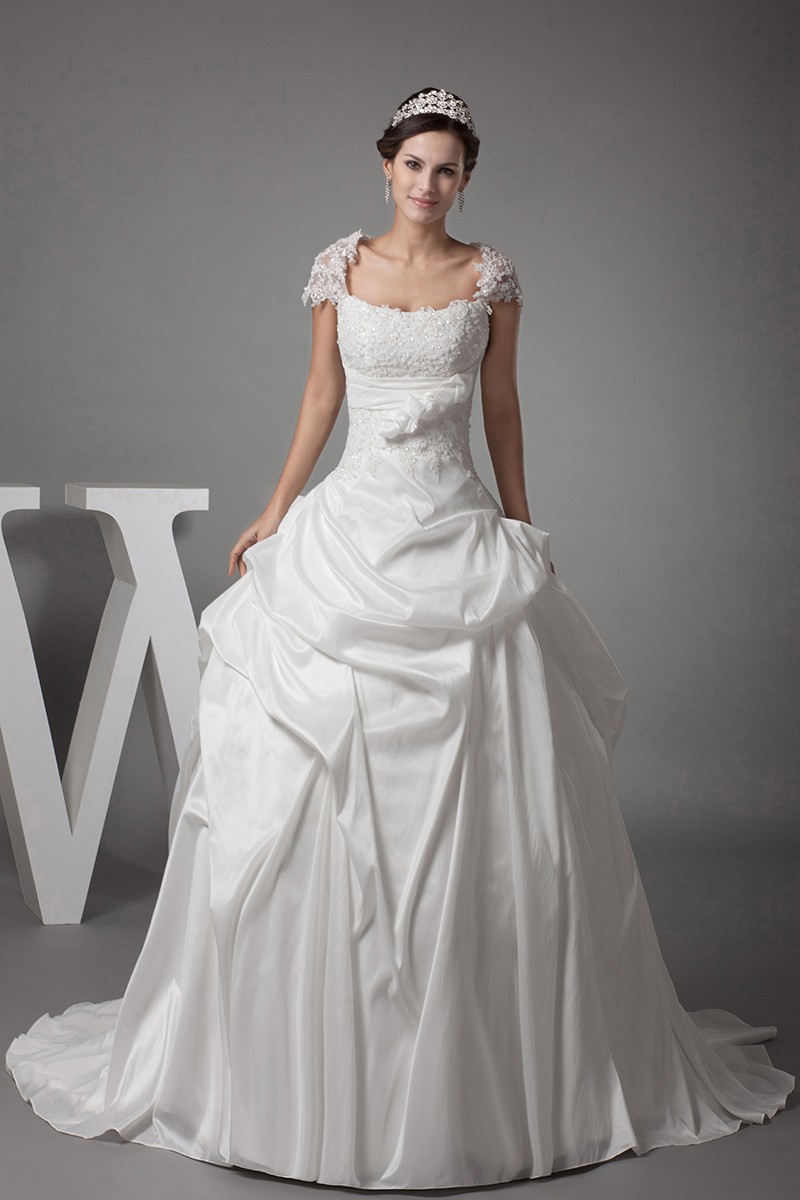 Lace Cap Sleeved White Ballgown Taffeta Wedding Dress #OPH1143 $339.9 ...