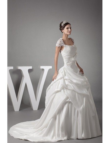Lace Cap Sleeved White Ballgown Taffeta Wedding Dress