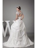 Lace Cap Sleeved White Ballgown Taffeta Wedding Dress