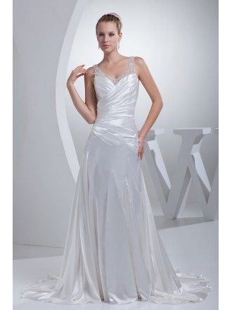 Sequined Straps Pleated Silky Satin Long Train Wedding Dress