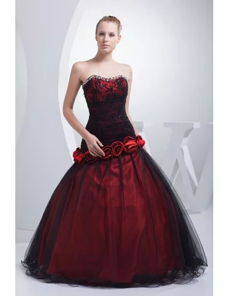 Gothic Black and Red Floral Ballgown Tulle Color Wedding Dress