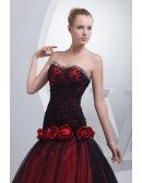 Gothic Black and Red Floral Ballgown Tulle Color Wedding Dress