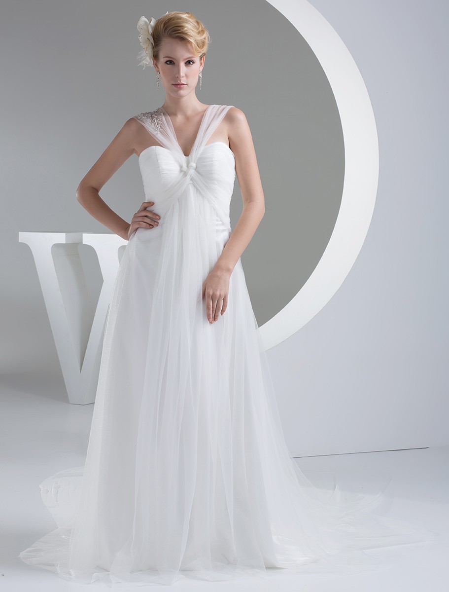 White tulle long wedding gown, Full of charm bridal dress