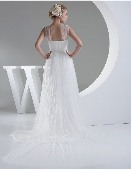 Elegant White Long Tulle Wedding Dress with Train