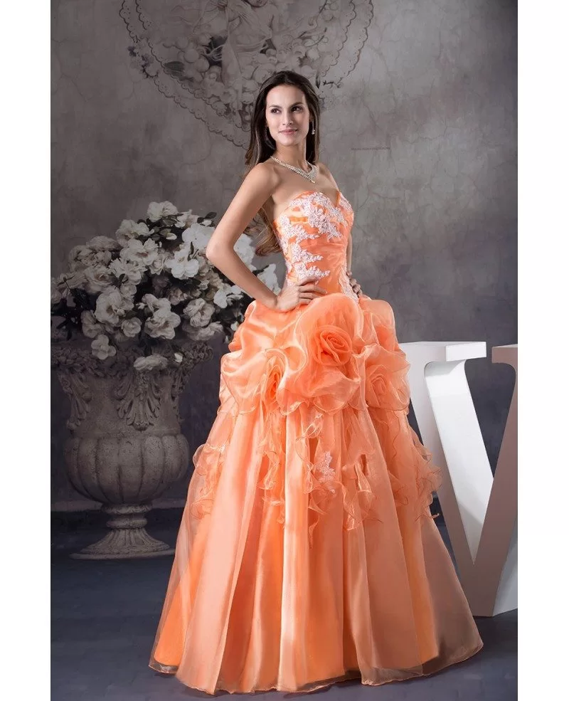 Orange Handmade Flowers Lace Sweetheart Colored Wedding Dress