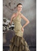 Chic Gold with Black Long Halter Vneck Mermaid Formal Dress