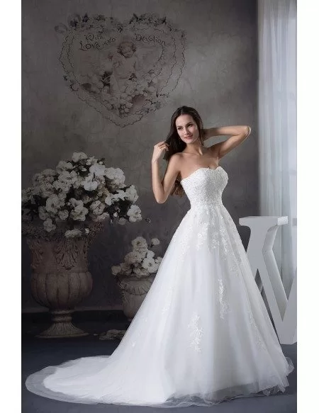 Sequined Lace Aline Long Tulle Wedding Dress with Corset Back