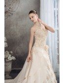 Champagne Sequined Lace Long Train Sweetheart Wedding Dress
