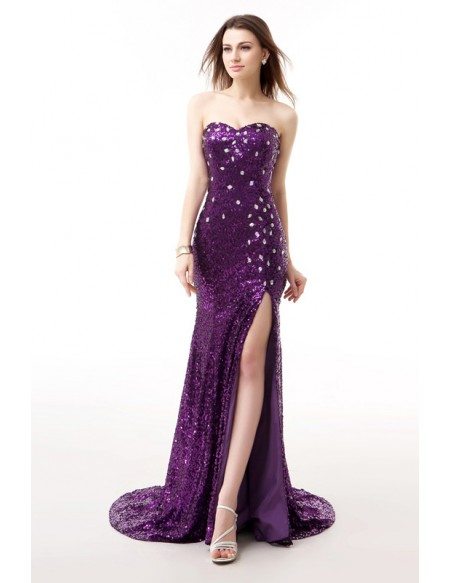 Grape Sweetheart Sparkly Long Train Split Front Prom Dress with Corset