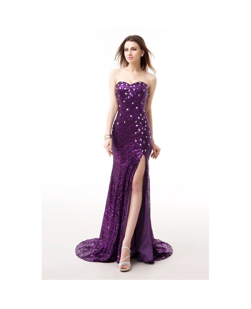 Grape Sweetheart Sparkly Long Train Split Front Prom Dress with Corset ...