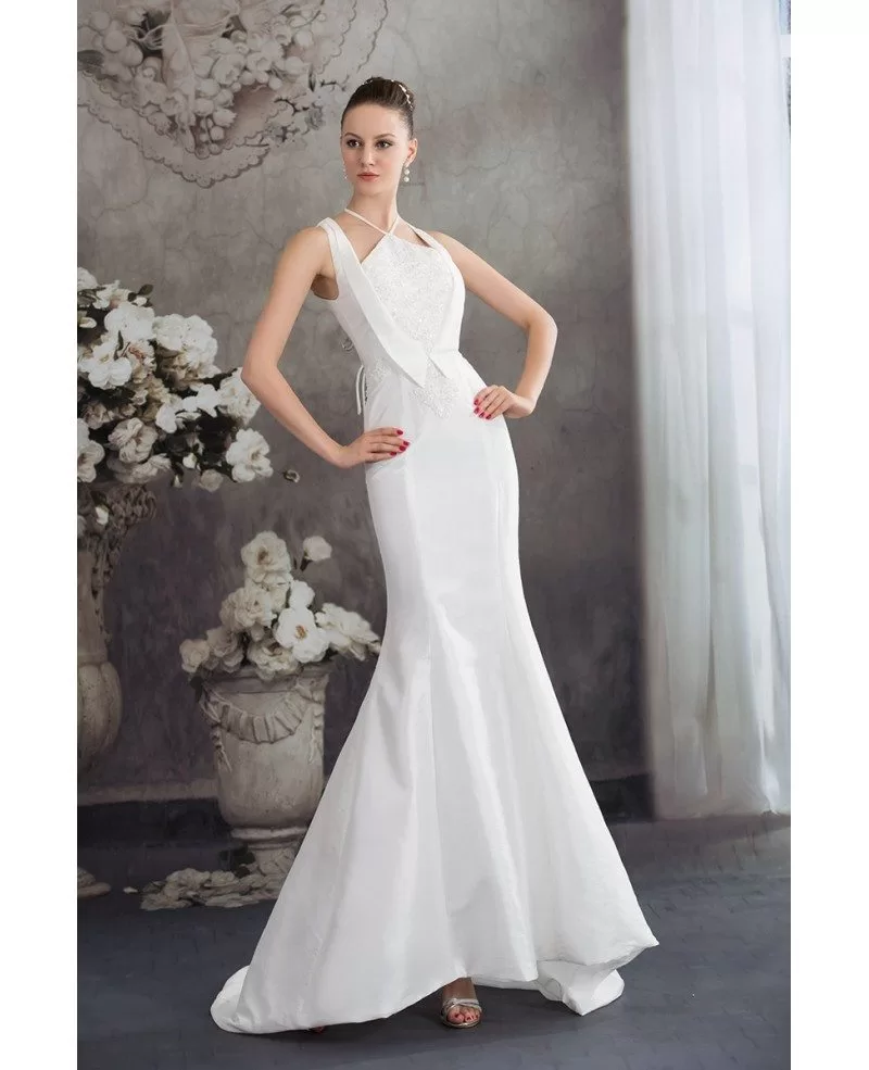 Long Halter White Fitted Mermaid Taffeta Wedding Dress # ...