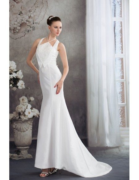 Long Halter White Fitted Mermaid Taffeta Wedding Dress