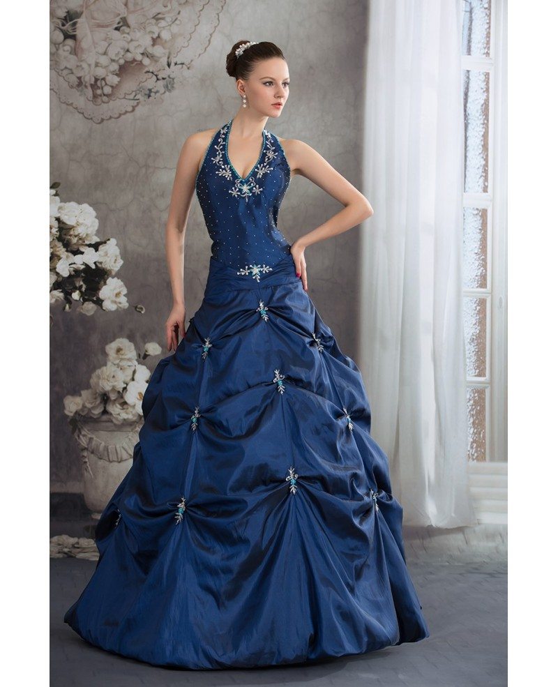 Royal Blue Beaded Long Halter Pickups Open Back Wedding Dress in ...