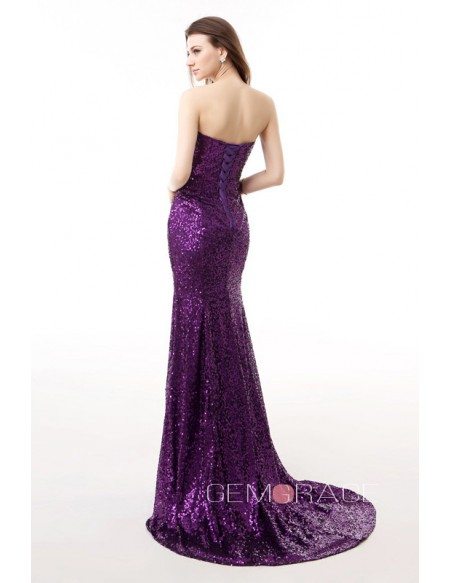 Grape Sweetheart Sparkly Long Train Split Front Prom Dress with Corset ...
