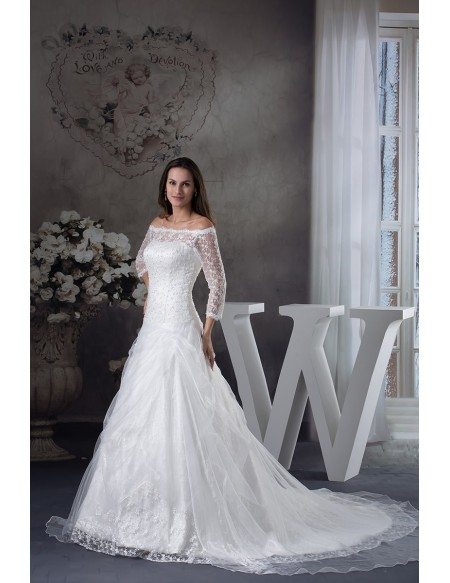 Lace 3/4 Sleeves Off the Shoulder Train Length Wedding Dress #OPH1252 ...