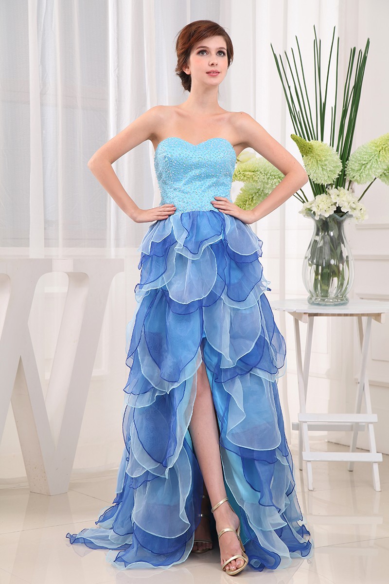 A Line Sweetheart Asymmetrical Beadings Tulle Prom Dress LBQ0495