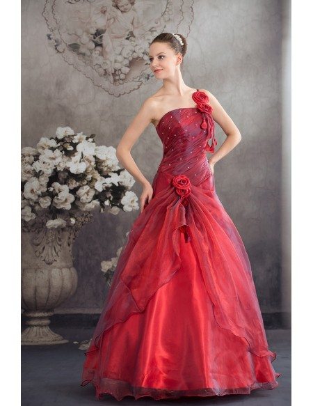 Burgundy Organza Floral One Shoulder Ballgown Red Wedding Dress