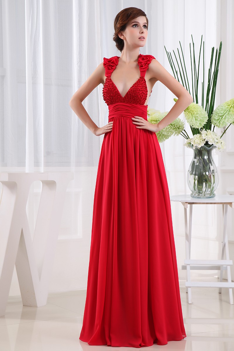 A-line V-neck Floor-length Chiffon Evening Dress With Beading #OP3288 ...