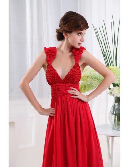 A-line V-neck Floor-length Chiffon Evening Dress With Beading