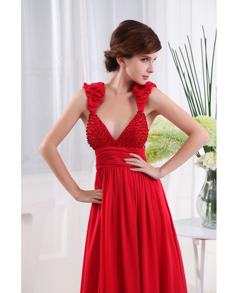 A-line V-neck Floor-length Chiffon Evening Dress With Beading #OP3288 ...