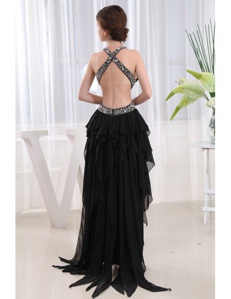 A-line V-neck Asymmetrical Chiffon Prom Dress With Beading