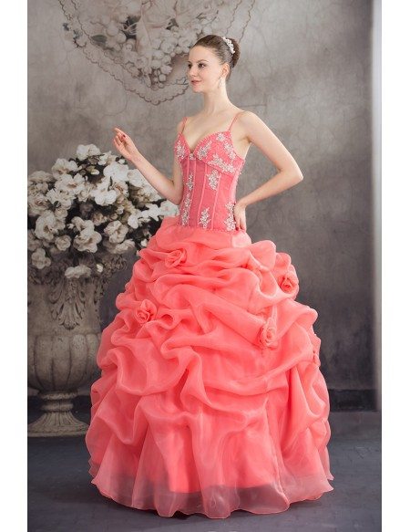 Unique Ruffled Organza Watermelon Red Wedding Dress with Straps