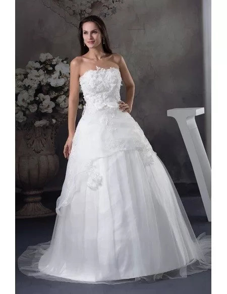 White Lace Tulle Strapless Ballgown Wedding Dress Custom