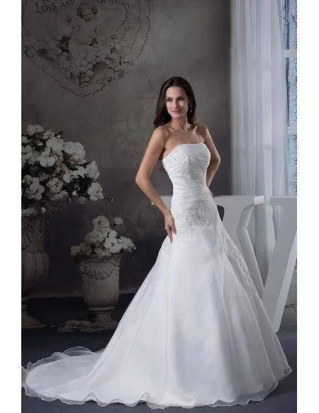 Strapless Organza Lace Wedding Dress with 3/4 Sleeves Jacket