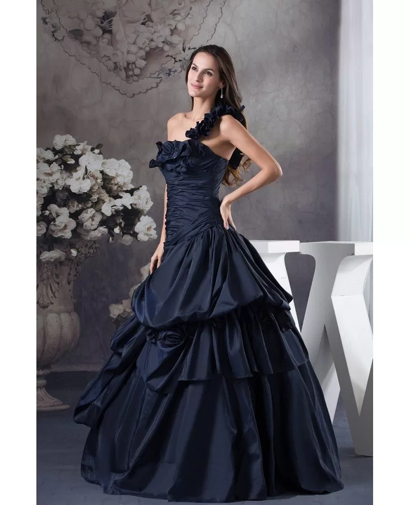 Navy Blue One Shoulder Ruffled Taffeta Color Wedding Dress OPH1268 260 9 GemGrace