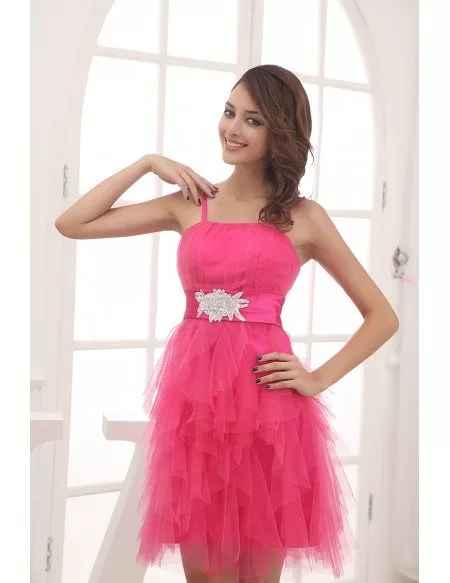 A-line Strapless Short Tulle Prom Dress Dress With Cascading Ruffle
