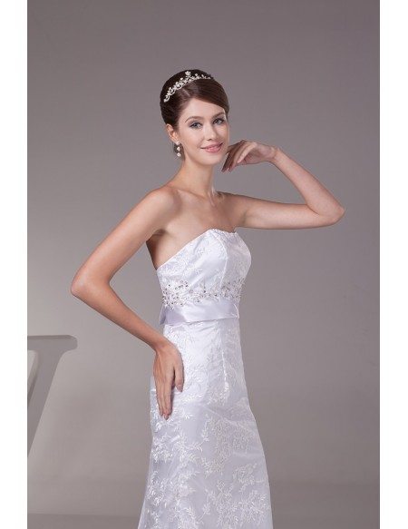 Strapless White Lace Satin Wedding Dress with Long Sash #OPH1276 $155.6 ...
