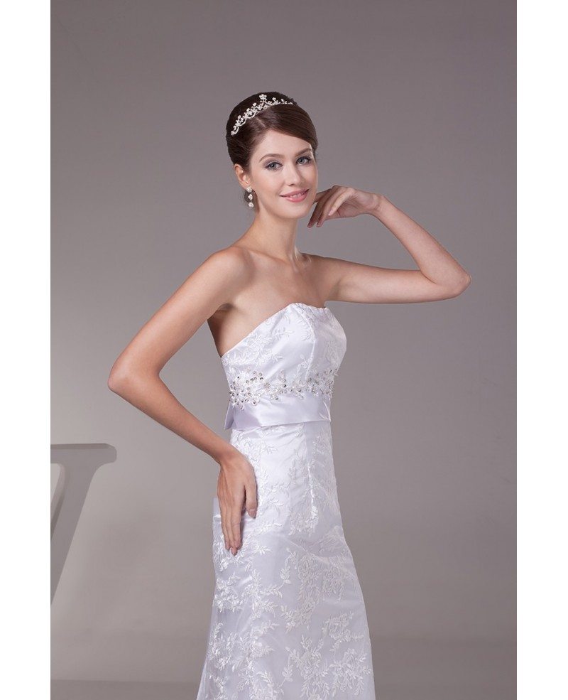Strapless White Lace Satin Wedding Dress with Long Sash 