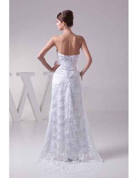 White Lace Tulle Strapless Wedding Dress with Sash