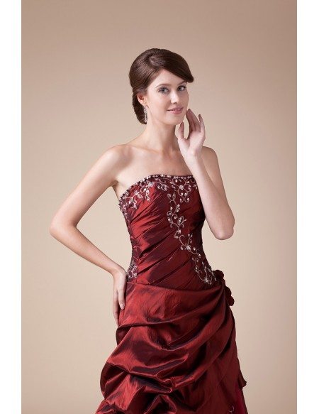 Burgundy Strapless Embroidered Pleated Ankle Length Wedding Dress