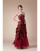 Burgundy Strapless Embroidered Pleated Ankle Length Wedding Dress