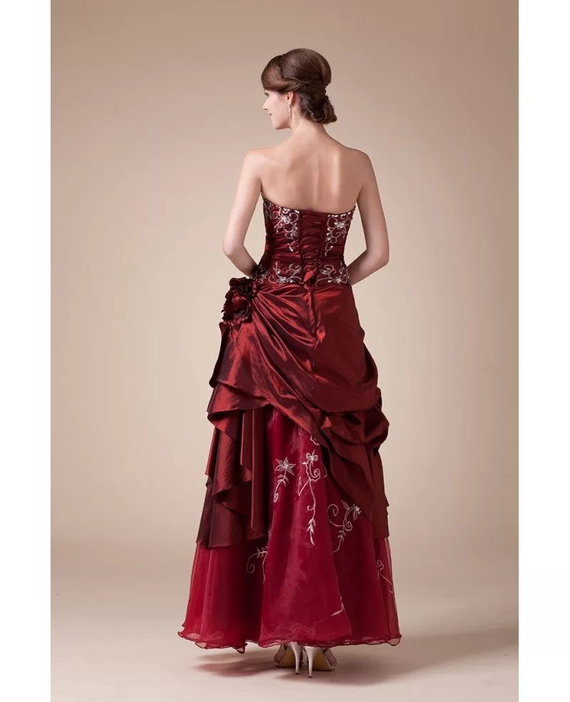 Burgundy Strapless Embroidered Pleated Ankle Length ...