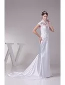 Long Halter Lace Cap Sleeves Sleek Satin Mermaid Wedding Dress