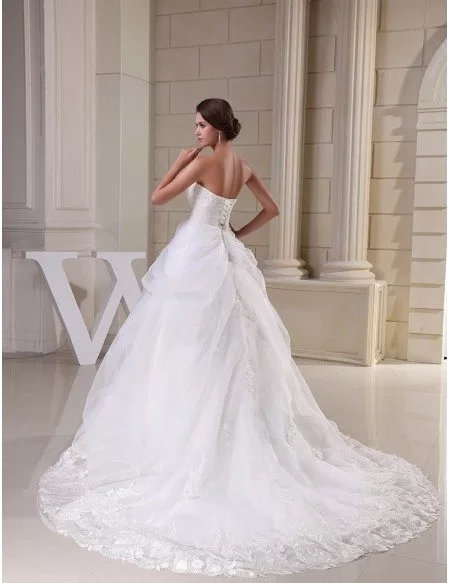 Strapless Unique Lace Organza Wedding Gown with Train