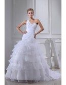 White Fitted Organza One Shoulder Ruffles Wedding Dress