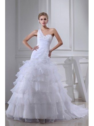 White Fitted Organza One Shoulder Ruffles Wedding Dress